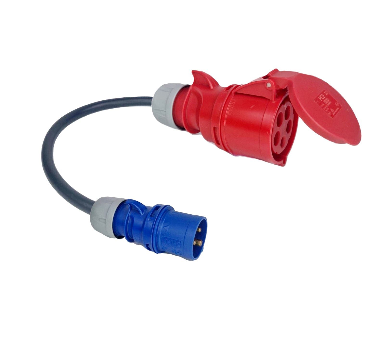 ADAPTADOR CEE 32A TRIFÁSICO - (22KW) FEMÊA - CEE 16A MONOFÁSICO - (3.7KW) MACHO