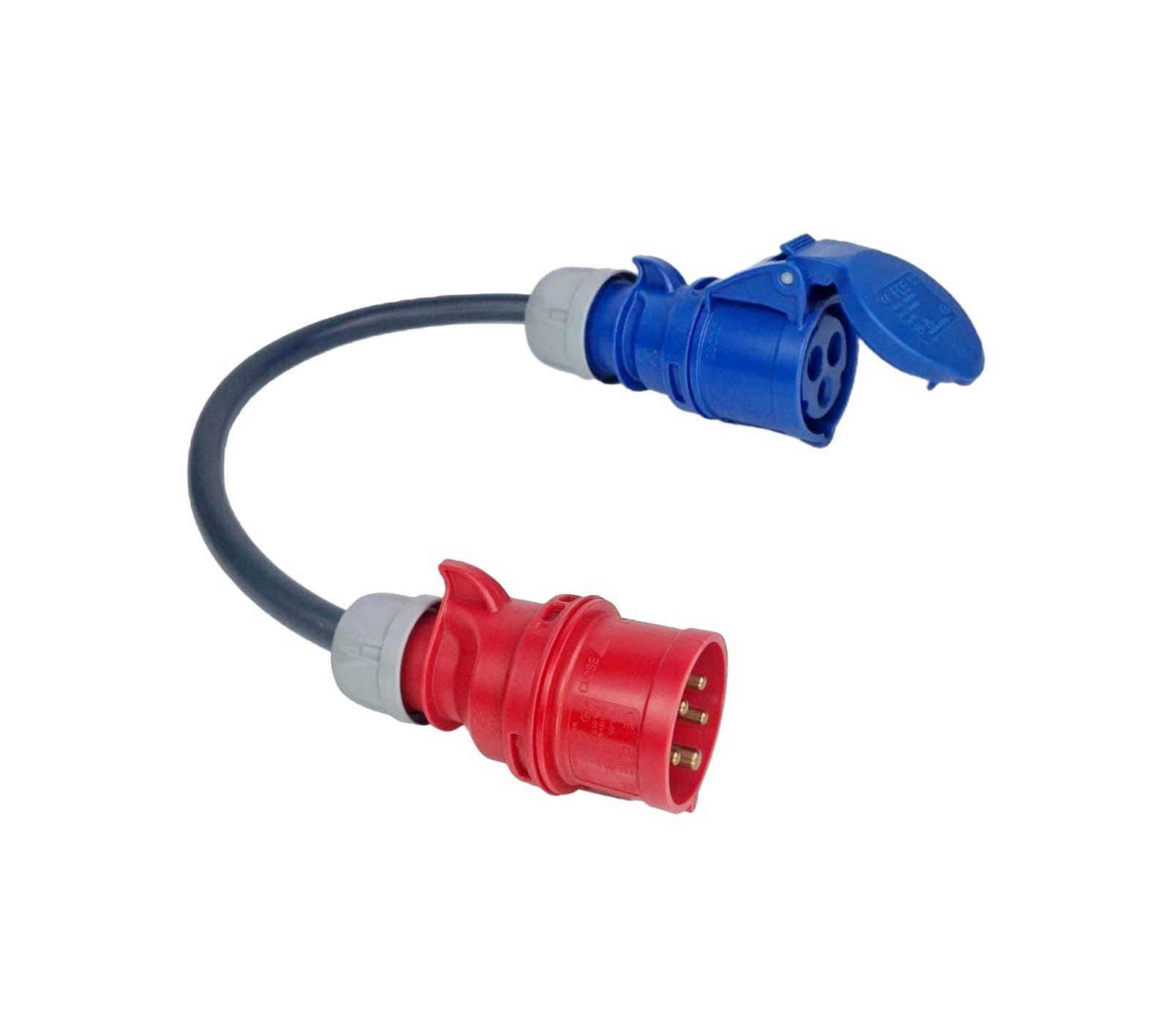 ADAPTADOR CEE 16A MONOFÁSICO – (3.7KW) FEMÊA – CEE 16A TRIFÁSICO – (11KW) MACHO