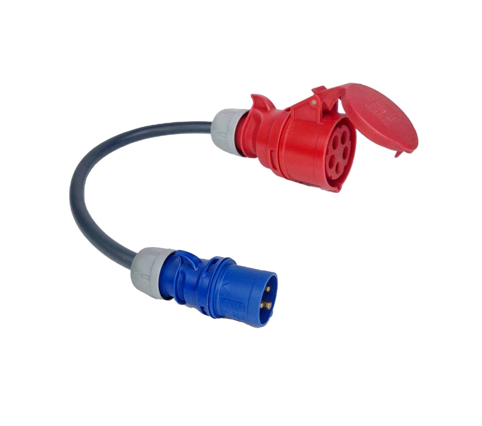 ADAPTADOR CEE 16A TRIFÁSICO - (11KW) FEMÊA - CEE 16A MONOFÁSICO - (3.7KW) MACHO