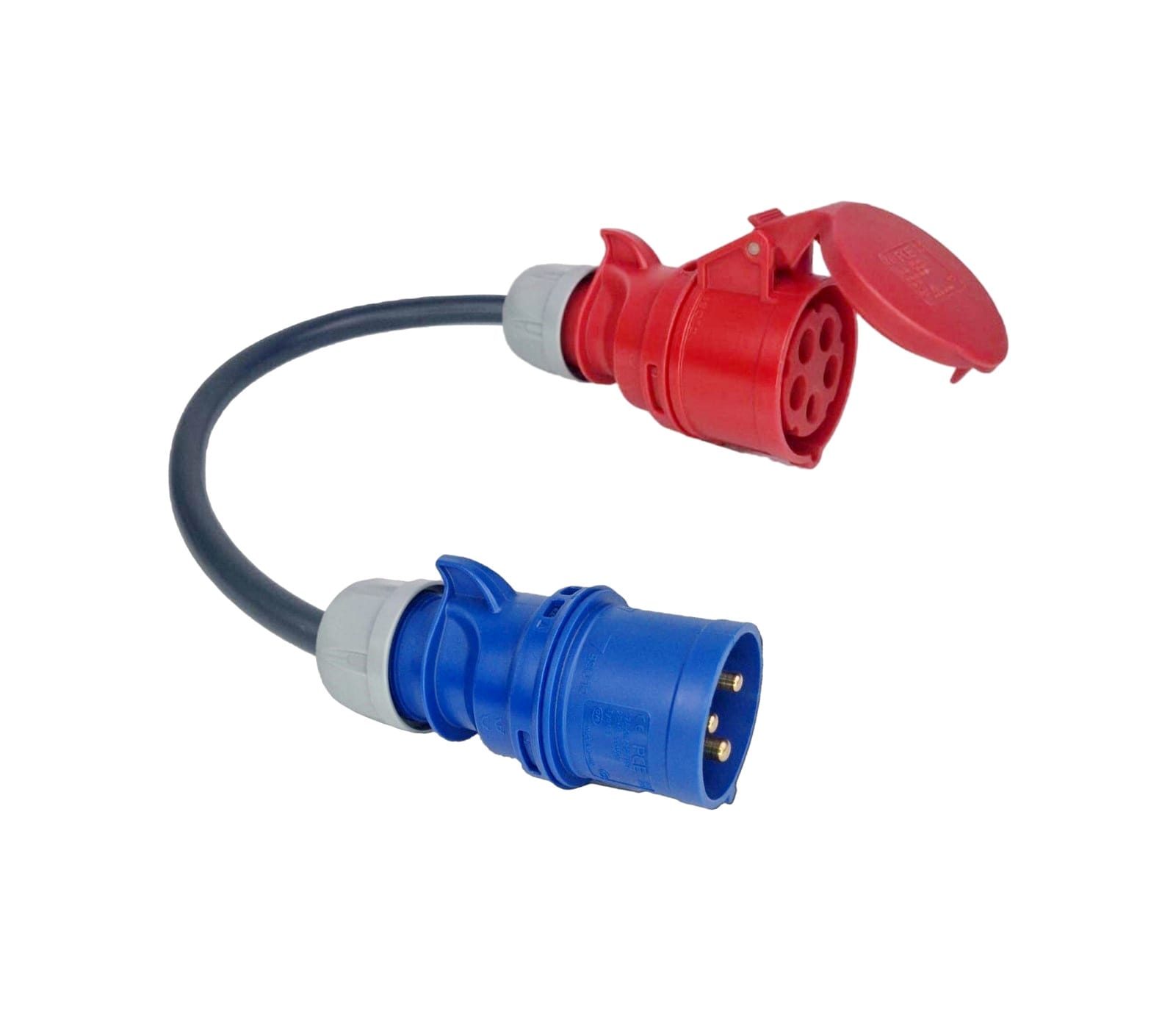 ADAPTADOR CEE 16A TRIFÁSICO – (11KW) FEMÊA – CEE 32A MONOFÁSICO – (7.4KW) MACHO