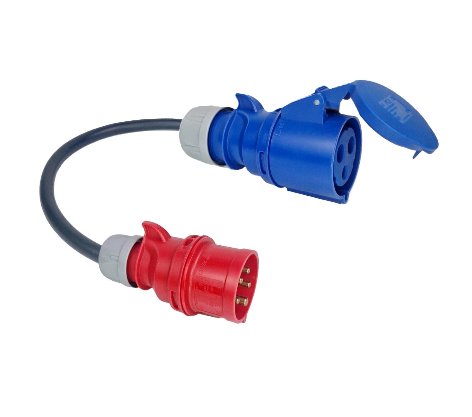 ADAPTADOR CEE 32A MONOFÁSICO - (7.4KW) FEMÊA - CEE 16A TRIFÁSICO - (11KW) MACHO