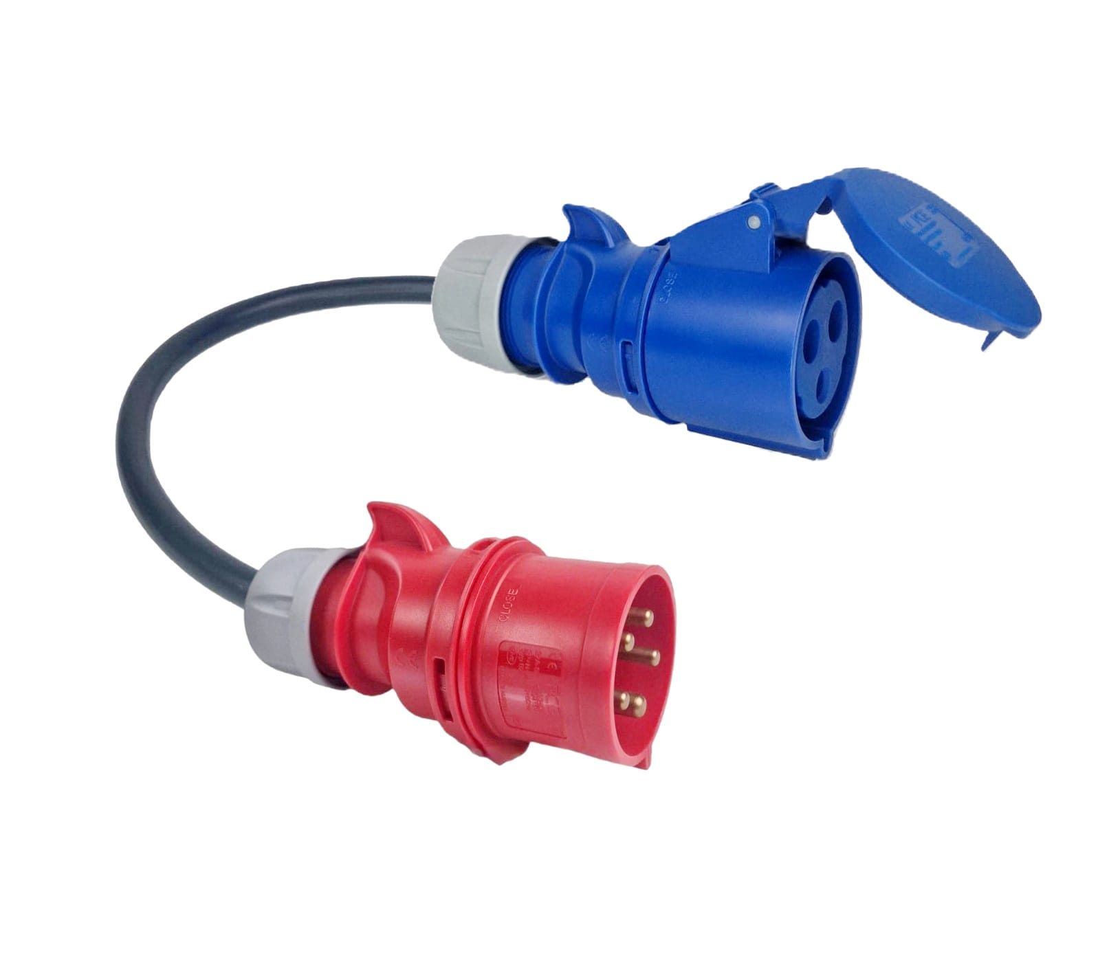 ADAPTADOR CEE 32A MONOFÁSICO - (7.4KW) FÊMEA - CEE 32A TRIFÁSICO - (22KW) MACHO