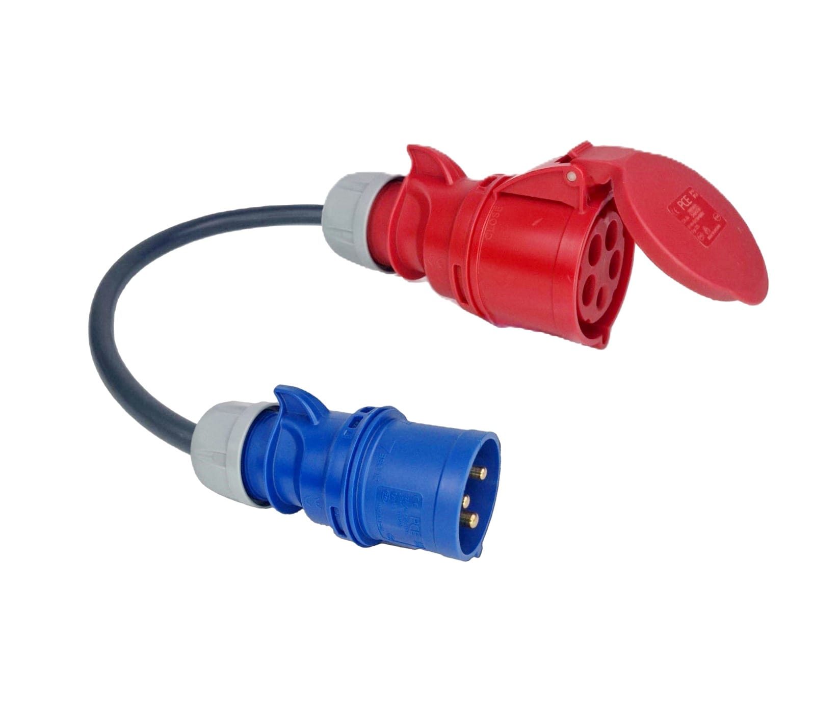 ADAPTADOR CEE 32A TRIFÁSICO – (22KW) FÊMEA – CEE 32A MONOFÁSICO – (7.4KW) MACHO