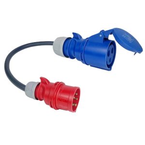 ADAPTADOR CEE 32A MONOFÁSICO - (7.4KW) FEMÊA - CEE 16A TRIFÁSICO - (11KW) MACHO